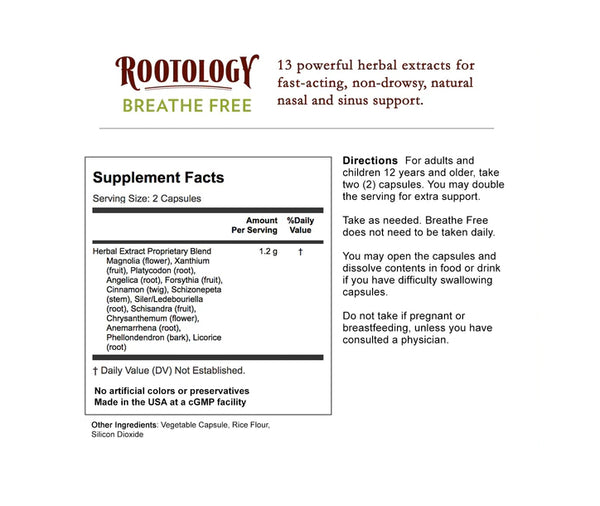 Rootology Breathe Free Bottle 120 Capsules Supplement Facts or Nutrition Facts