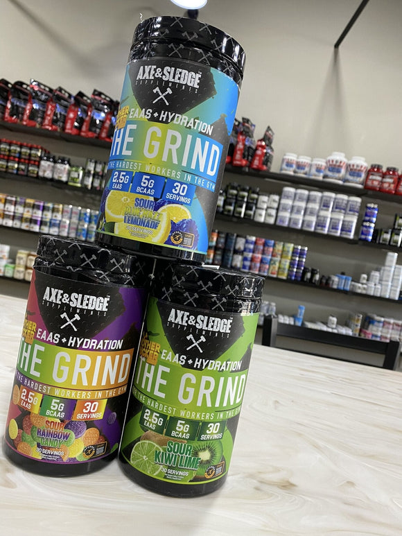 Axe and Sledge The Grind EAA tubs on the SuppLife store counter in Bristol, CT