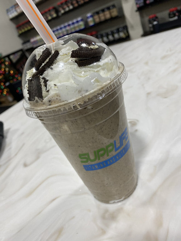An Oreo protein shake in a SuppLife cup at the Bristol, CT shake bar