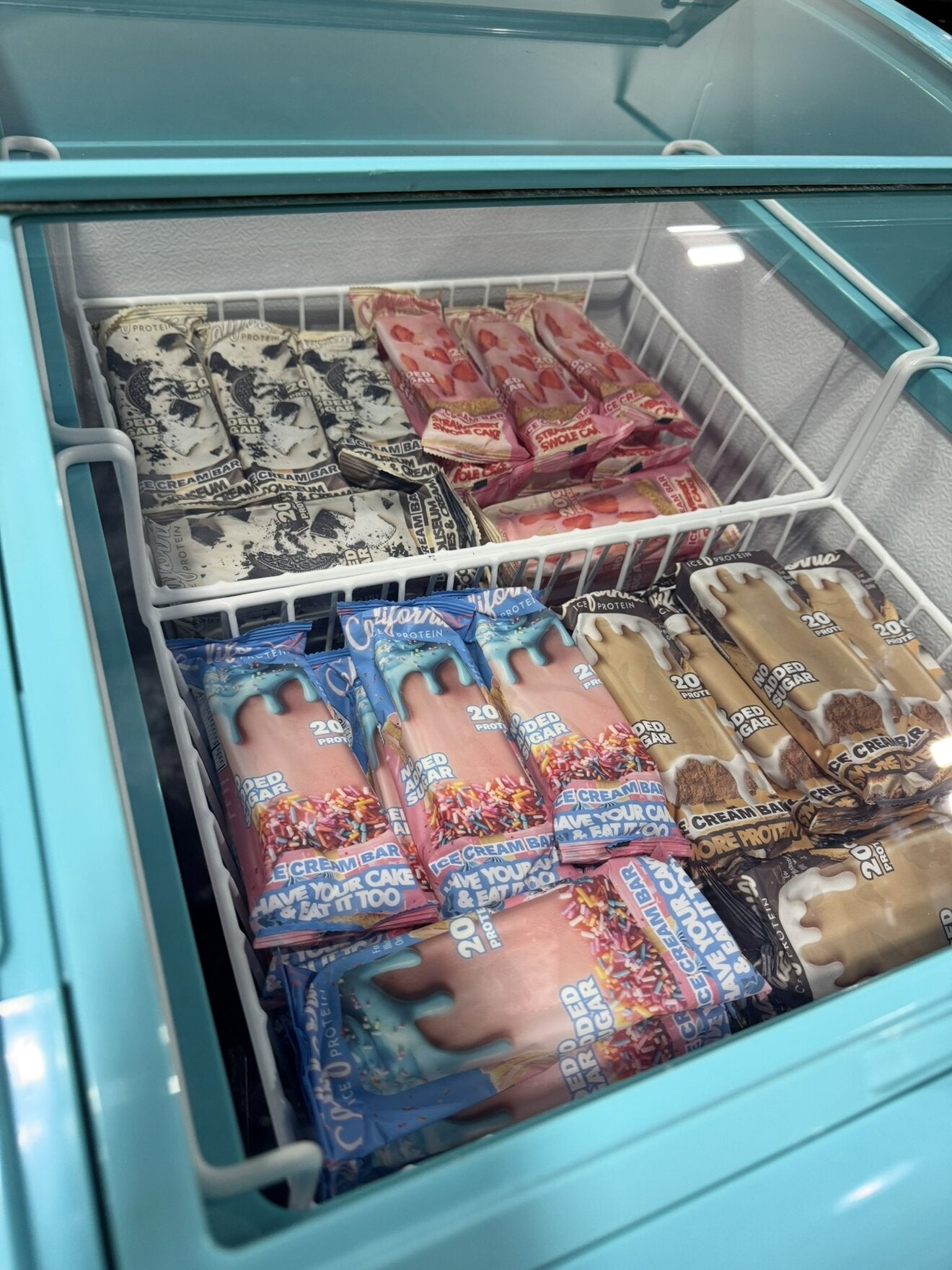 Freezer of protein ice cream bars at SuppLife