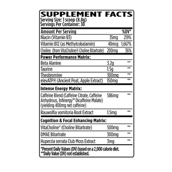 VMI KXR Pre Workout Supplement Facts or Nutrition Facts